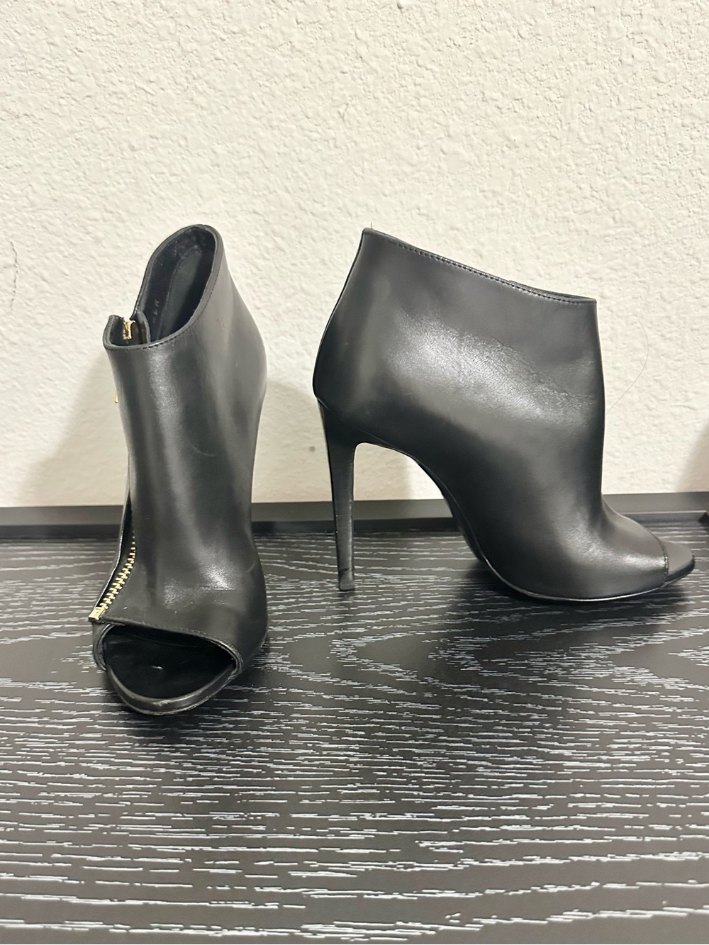 Black Leather Peep-Toe Stiletto Booties